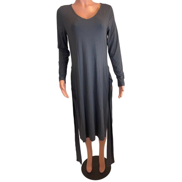 Peruvian Connection Dress Sz M Gray Stretch Knit Tie Waist Slits Casual Stretch - Picture 4 of 12